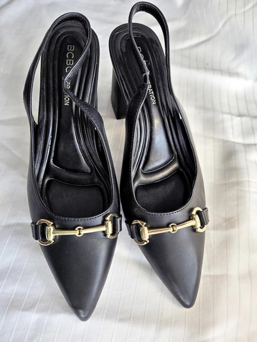 BCBGeneration Black Pointed Toe Slingback Heels Gold Hardware Size 8